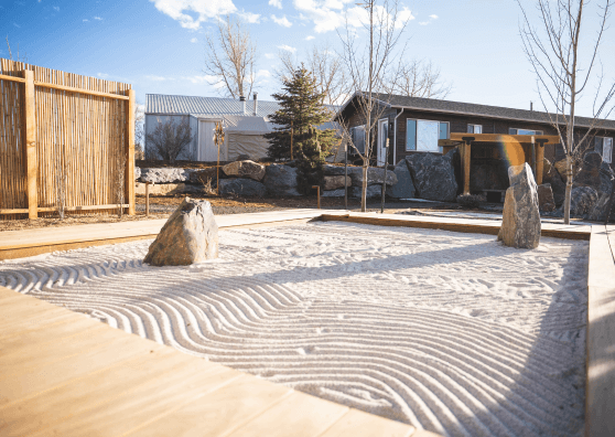Gardens Spotlight: The Raking Garden Sand zen garden with two large boulders