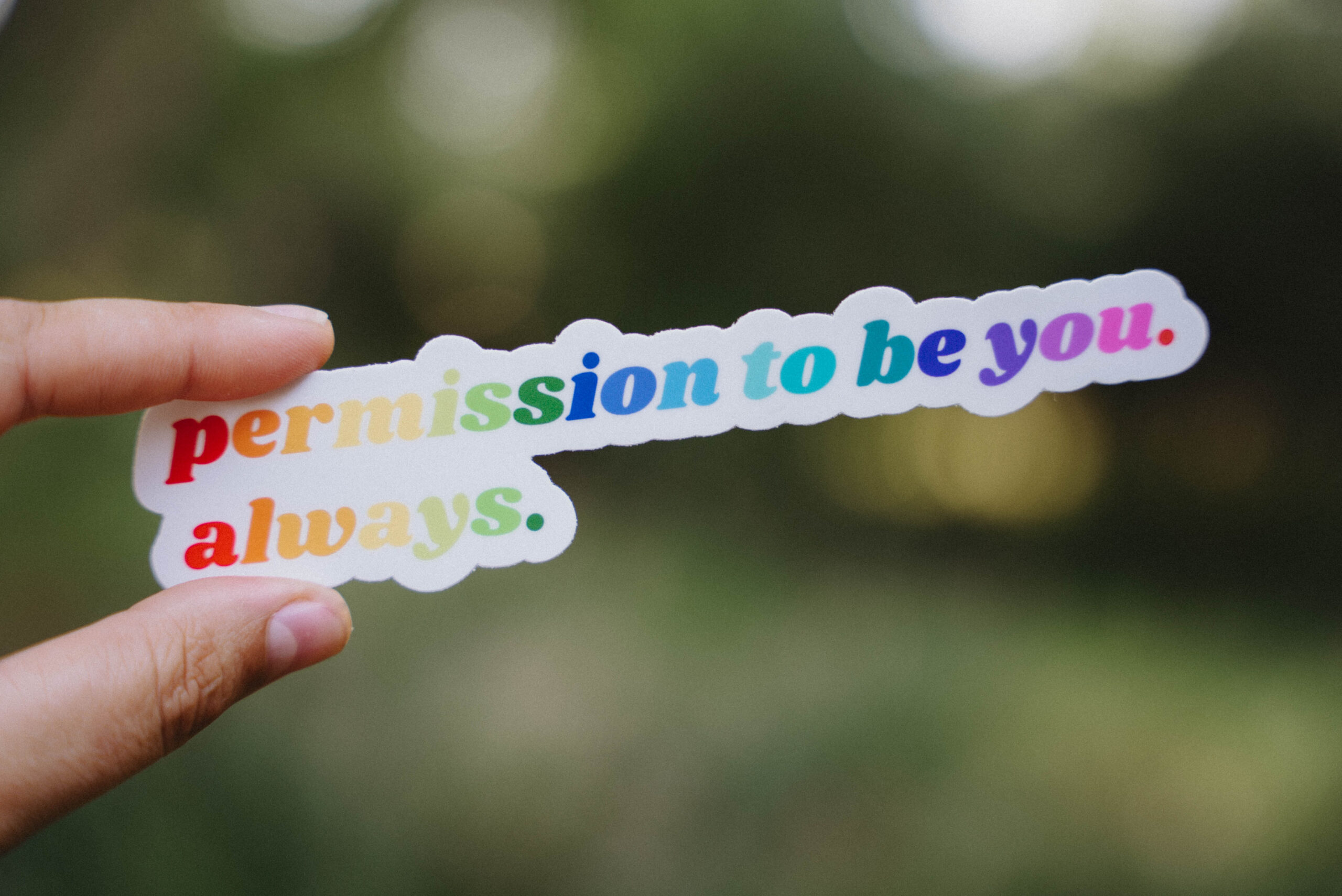 "Permission to be you. Always." Rainbow Sticker Sticker that says "Permission to be you. Always." held up in front of a green background