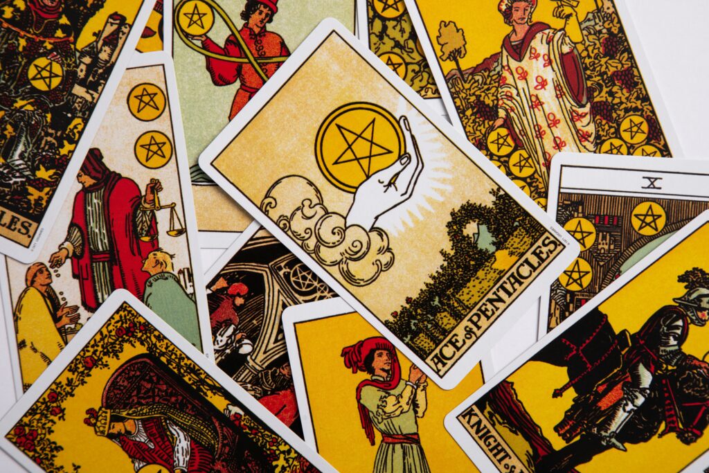 birds eye view of a collection of yellow and orange tarot cards